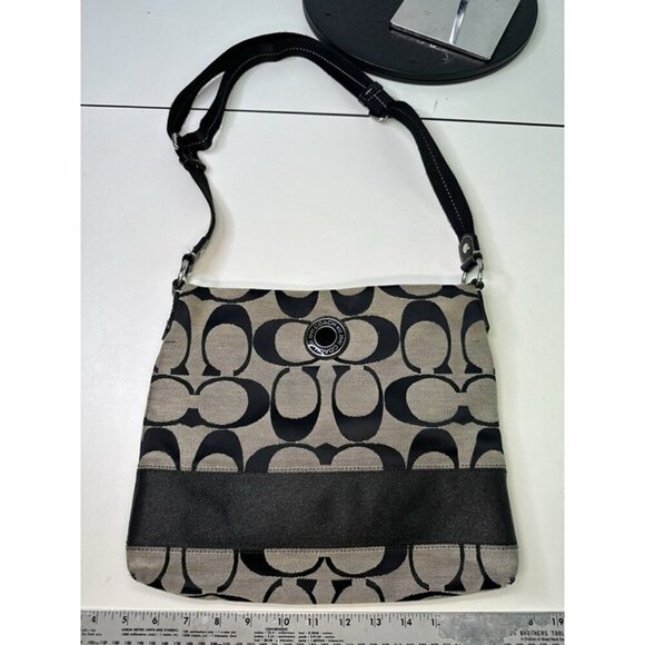 Coach Signature Authentic Khaki Brown Stripe Crossbody File Bag F-19220 Purse - Picture 5 of 10